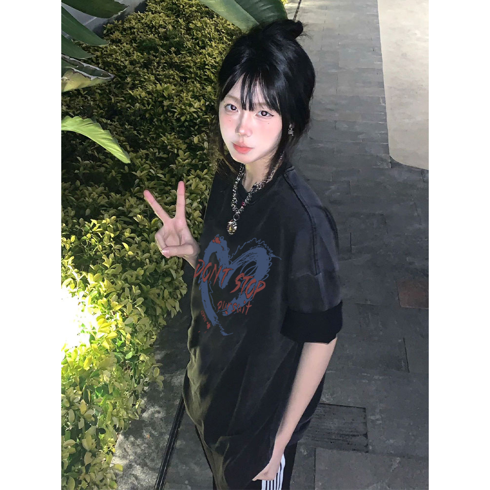 EUNII T-shirt Lengan Pendek Black Washed Vintage Blue Heart Printing Korean Style/Kaos Atasan Wanita/Baju Wanita/Kaos Wanita