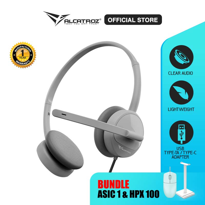 Headset Wired Microphone Alcatroz XP 1U Headphone Office | Bundle Mouse Asic One & Stand