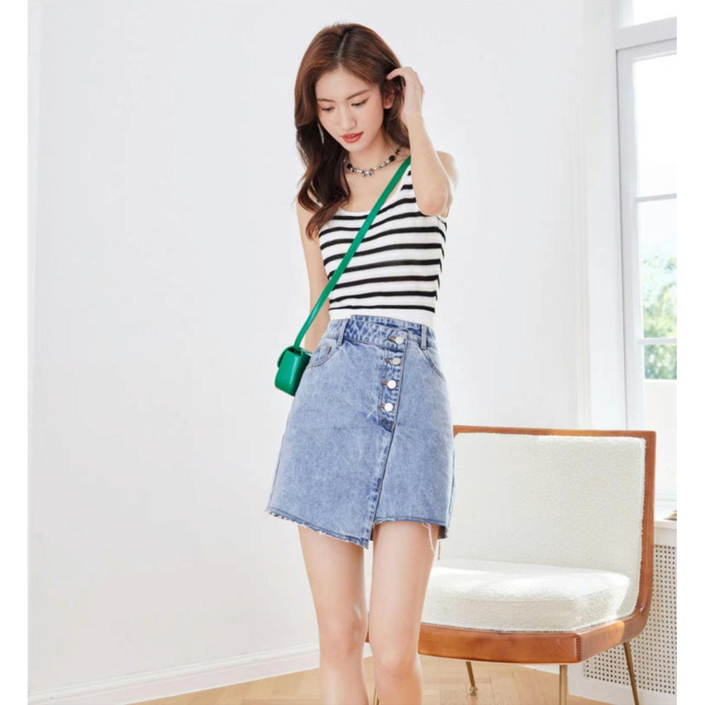 【wanita.id】rok jeans pendek rok kancing korean style highwaist rok a line rok denim fashion wanita