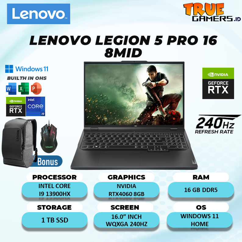 Laptop Gaming lenovo legion 5 PRO 16 RTX4060 8GB Intel I9 13900HX 16GB 1TBSSD W11+OHS 16.0WQXGA 240HZ HDR400 4ZRGB