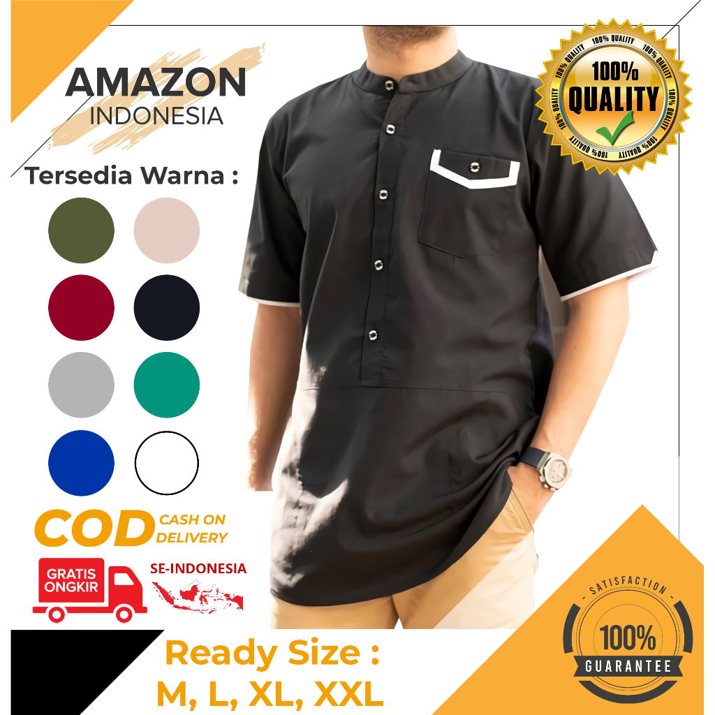 Baju Koko Kurta Dewasa Lengan Pendek Warna Hitam Material Catton Adem Serap Keringat