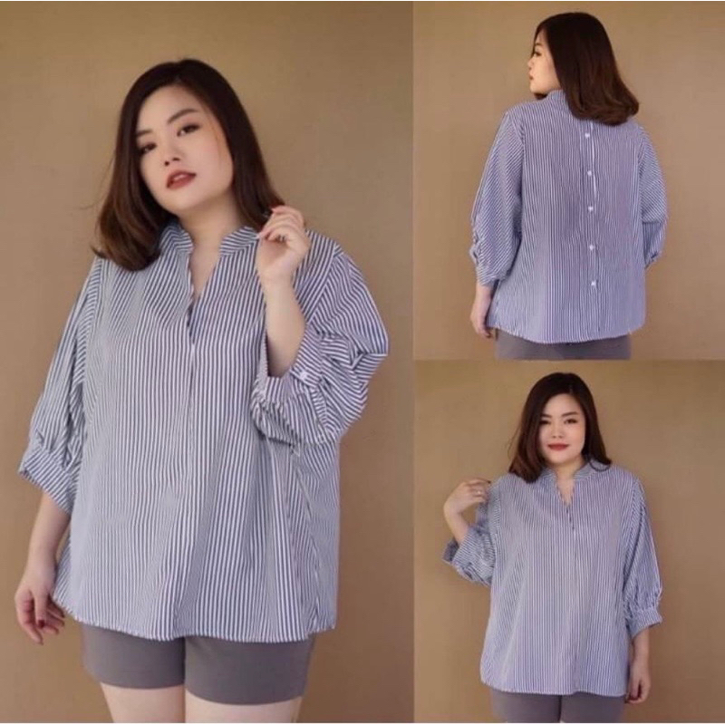 korean shirt jumbo salur / atasan bigsize salur / vneck jumbo / blouse atasan casual wanita jumbo