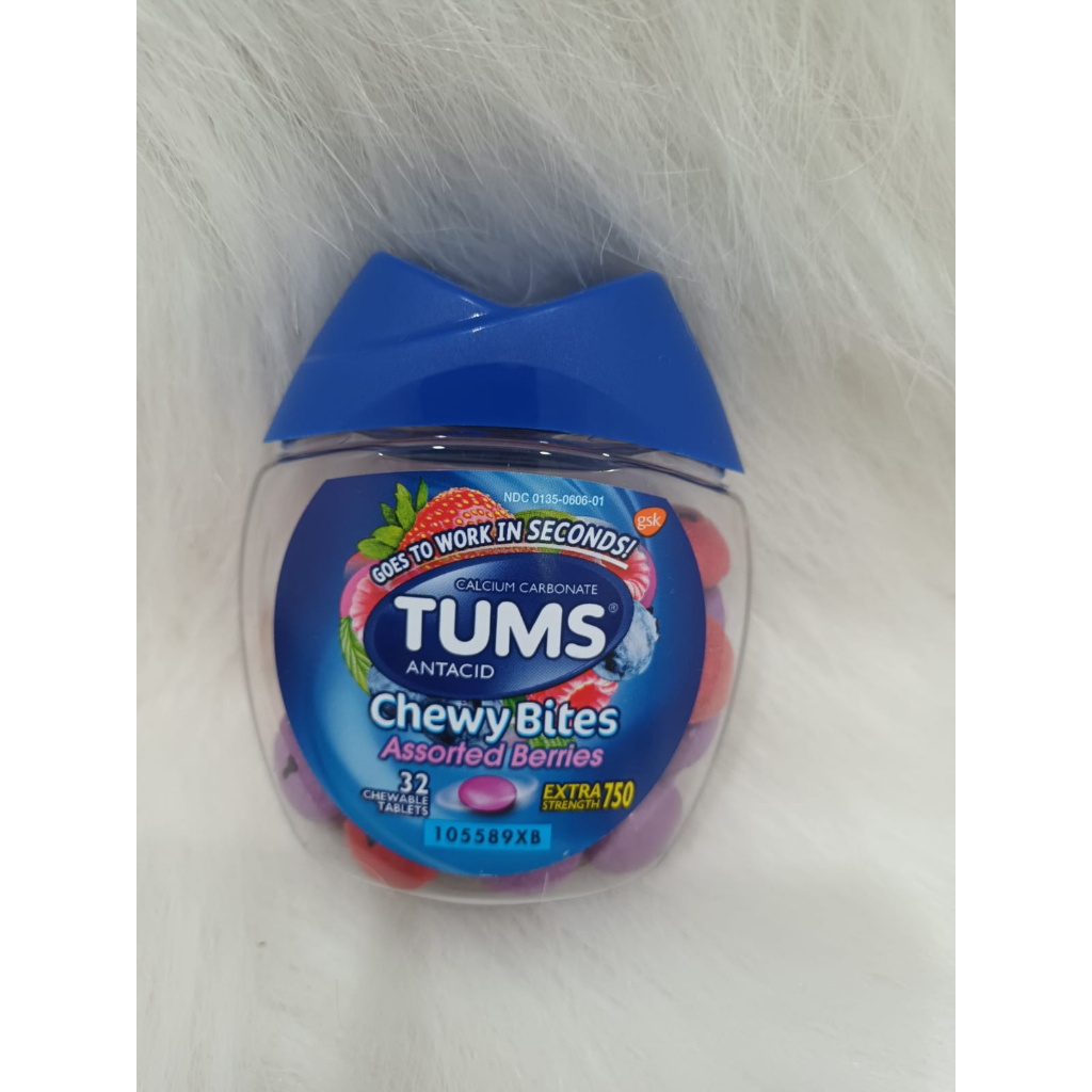 TUMS Chewy Bites Chewable Antacid Tablets with Gas Relief, Lemon &amp; Strawberry - 28 Count