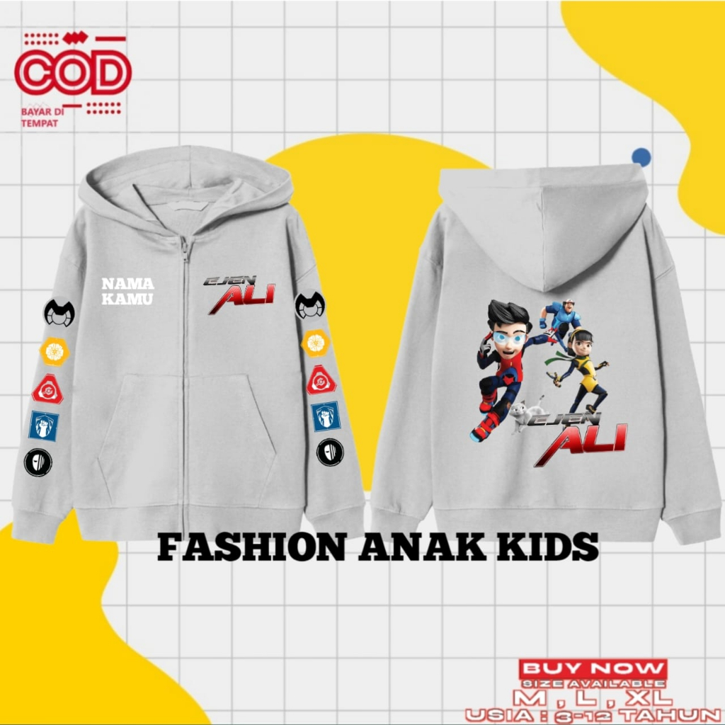 (BISA COD) Jaket Zipper Hoodie Anak Laki Perempuan Ejen Ali Season 3 Free Nama