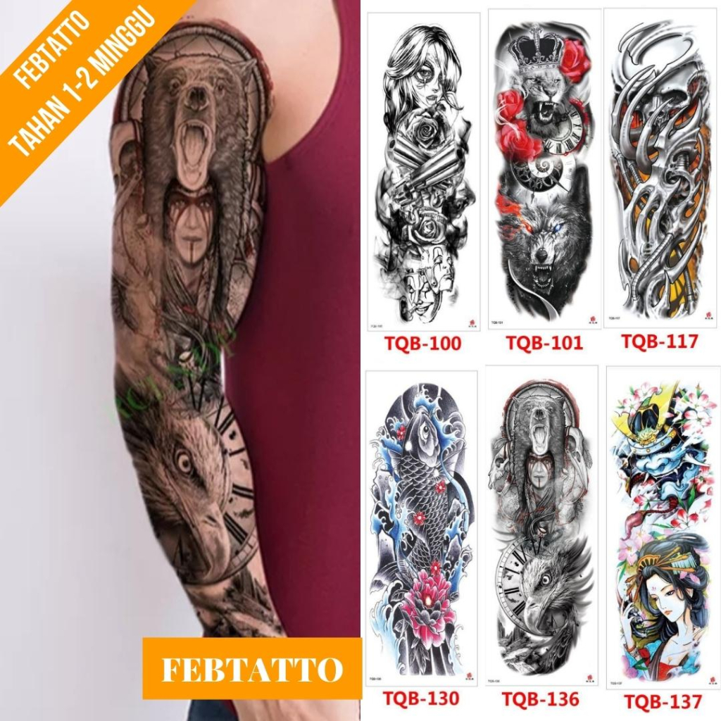 Tato Temporer Full Lengan Ukuran 17cm x 48cm Motif Elang Beruang kompas TQB 136 Tato Lengan Tato Dad