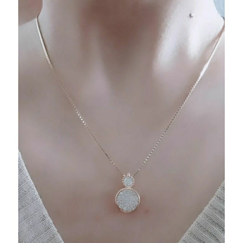 kalung rantai itali kaca+liontin tusuk bulat mata putih/perak asli silver 925 lapis emas/perhiasan fashion wanita terbaru