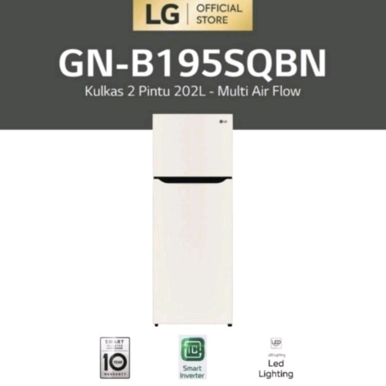 KULKAS LG 2 PINTU, PUTIH GN-B195SQBN SMART INVERTER COMPRESSOR, GARANSI 10 TAHUN, LOW WATT 70 WATT P
