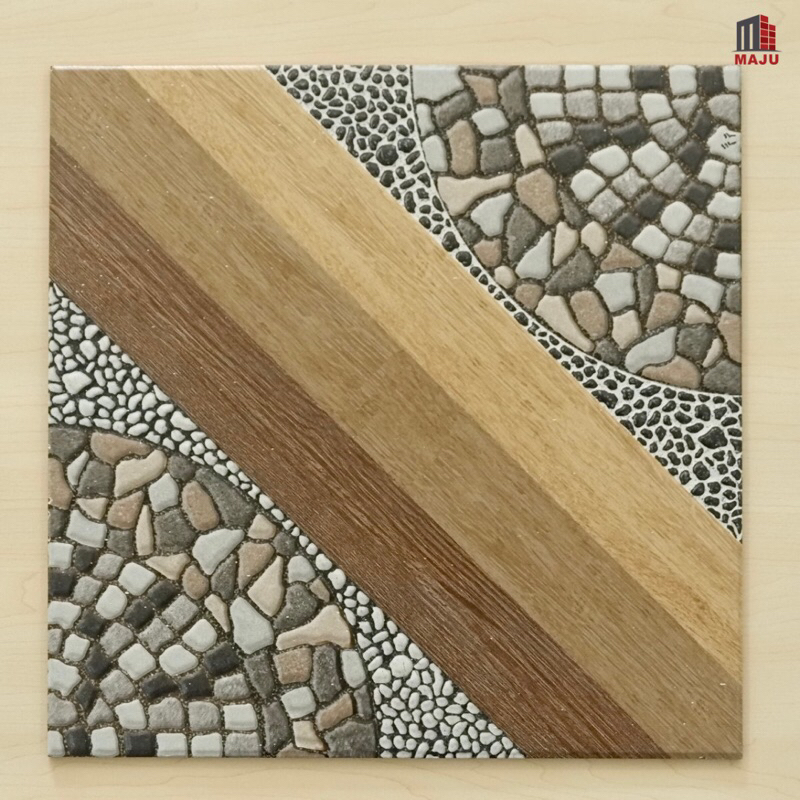 Tegel Keramik Lantai Kasar 40x40 PREMIERE PSX84669 Motif Kayu dan Batu Koral