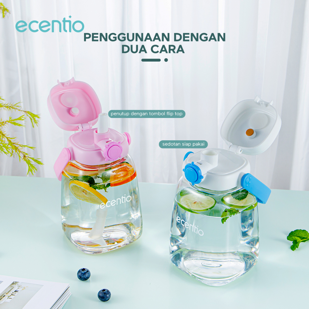 ecentio &amp; FOODI tumbler Botol Minum Anak Sedotan 1200ml Lock Design Anti Bocor portable handle tali 3D Cartoon BPA FREE