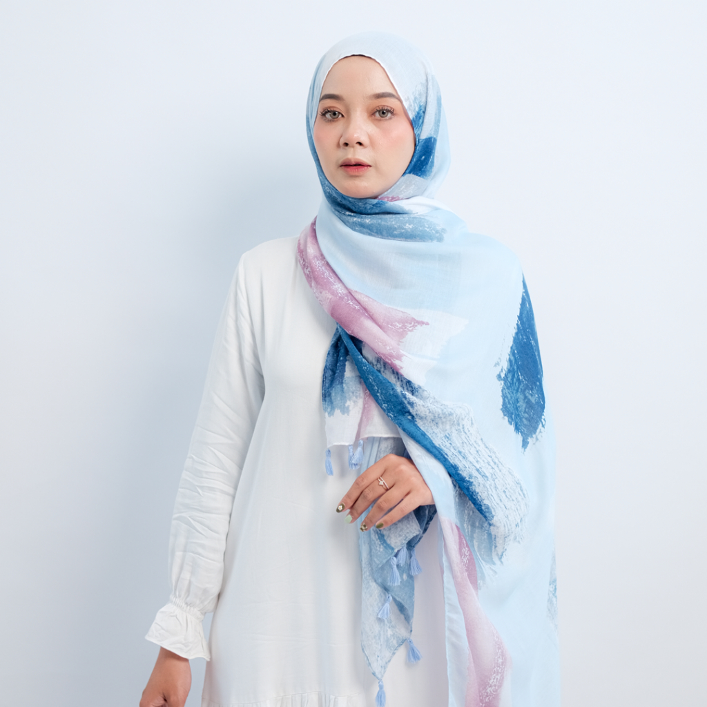 ITSFRIDAY OCEAN BLUE Scarf - Premium Pashmina Shawl Selendang Syal Pasmina Hijab Import Motif Etnik Sea Blue Tassel