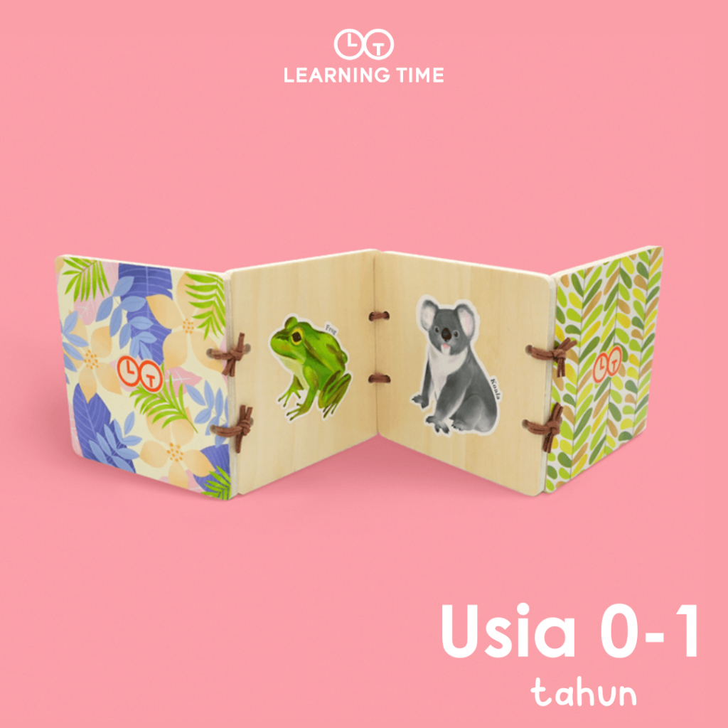 Learning Time Animals Wooden Book - Buku Kayu Tema Binatang Baby Tummy Time Session Latihan Fisik, Edukasi Visual Bayi 0-12 Bulan