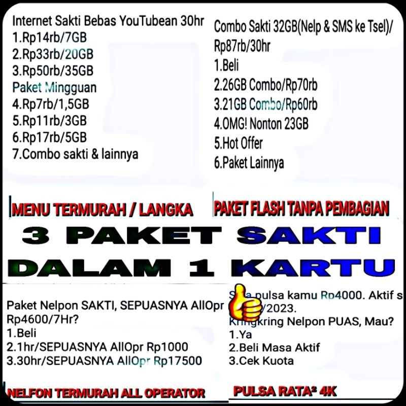 KARTU SAKTI TELKOMSEL COMBO 4GB + 27GB / 35GB Unlimited