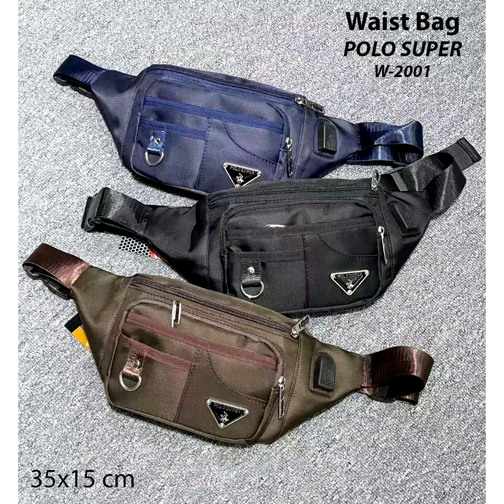 Polo Power Tas Pinggang Pria Waist bag Import USB Portable Tas Slempang Anti Air Sling bag Trendy Waterproof