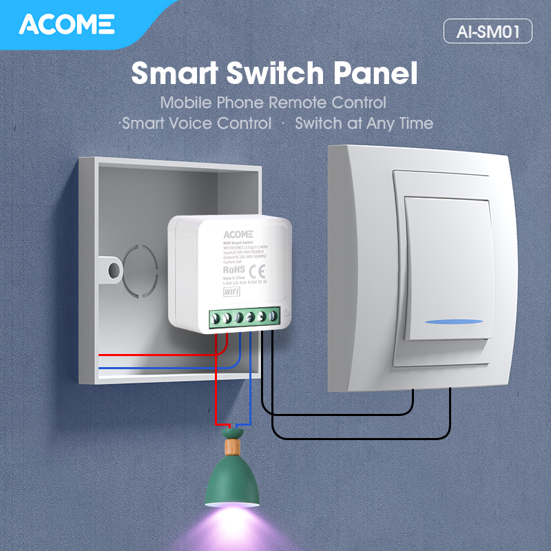 ACOME DIY Smart Switch (MINI) WiFi &amp; Bluetooth App Remote Control Timer Switch Two way switch Upgrade 16A AI-SM01