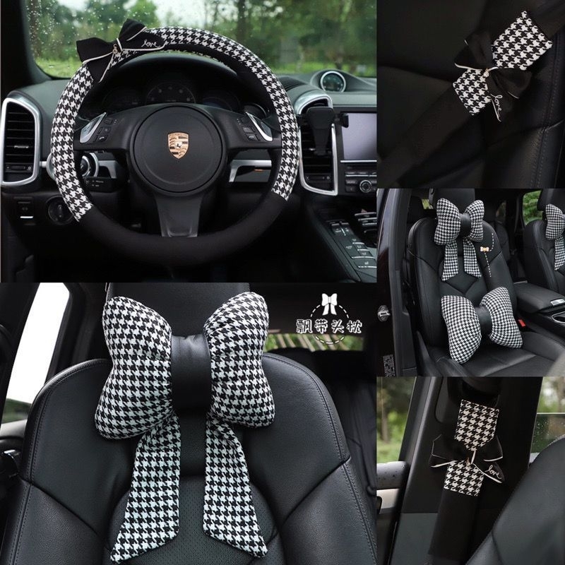 Sarung Setir Mobil Universal Bahan Kain Katun Motif Houndstooth Aksen Pita mi