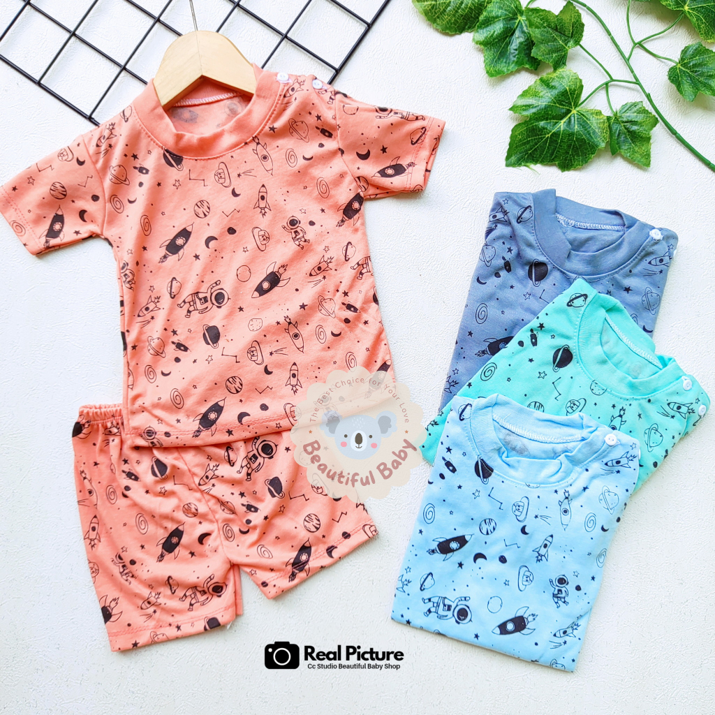 Setelan Baju Bayi Lengan Pendek Celana Pendek Motif Astronot / Setelan Pendek Bayi Murah / Baju Bayi Pendek / Baju Harian Bayi / Baby.ou_