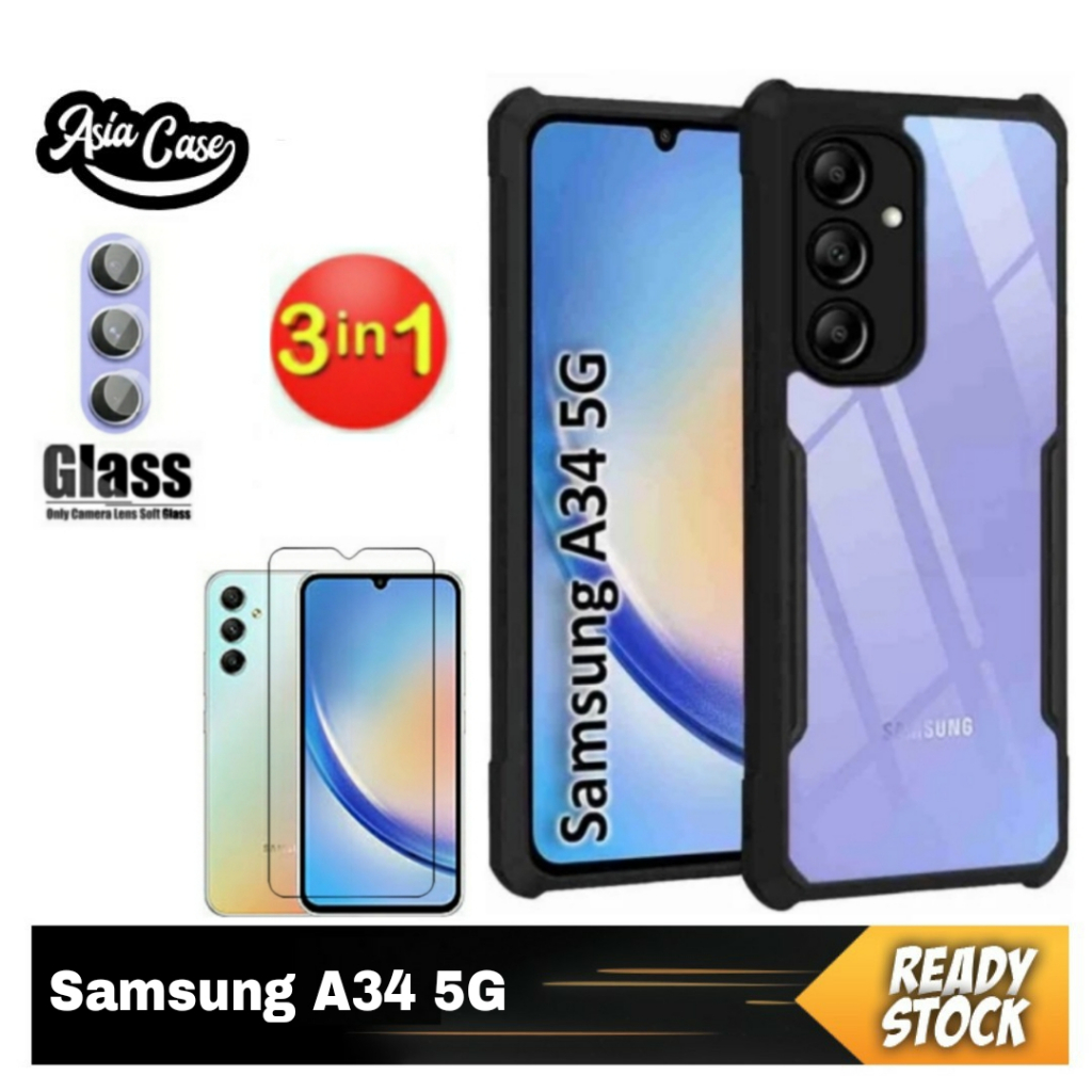 Paket 3 IN 1 Case Samsung A34 5G Free Tempered Glass Layar Dan Anti Gores Camera