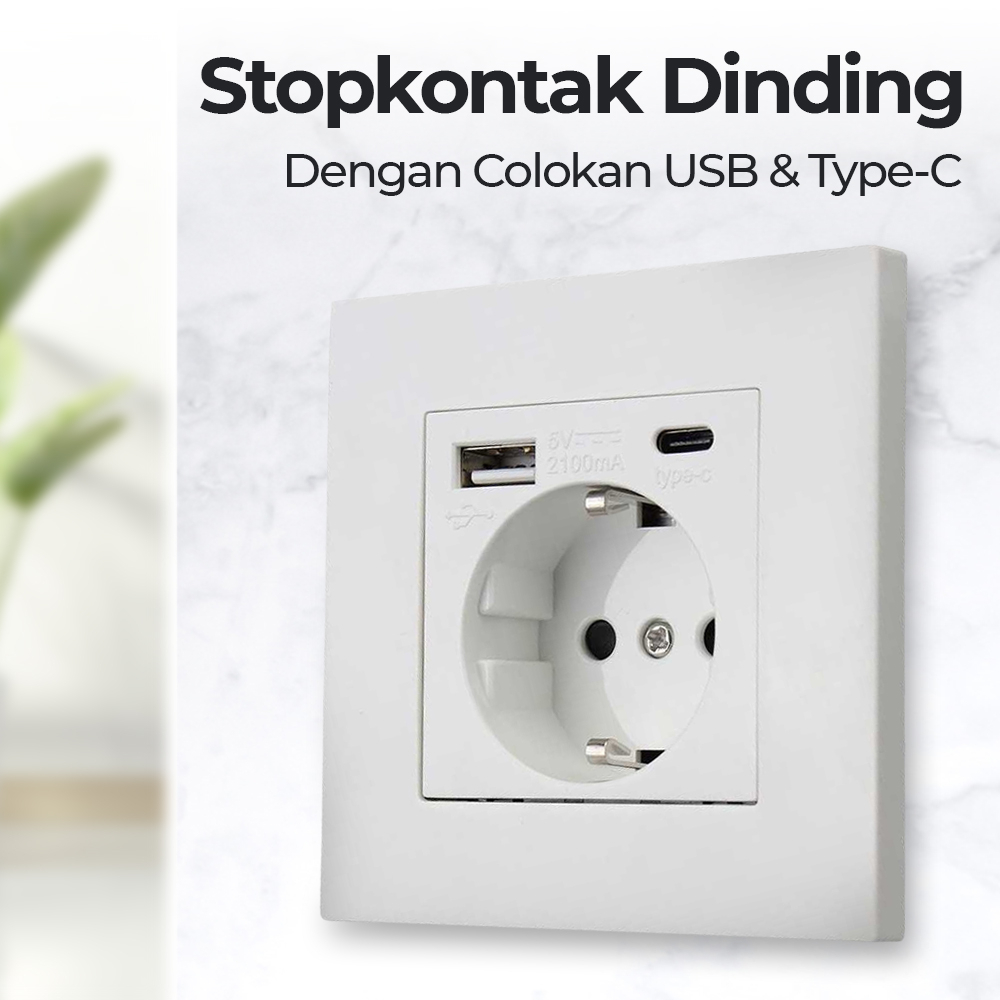 Stop Kontak Dinding USB Type-C Soket Listrik Square Wall Socket - HB16 - White