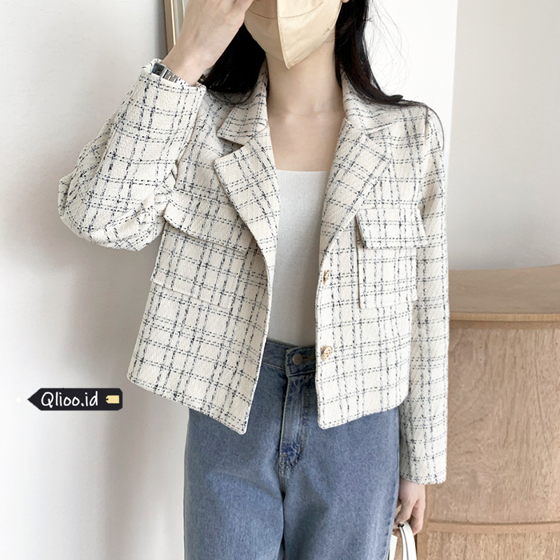 [2 warna] Jaket Wanita Lengan Panjang Terbaru Outer Crop Kotak-kotak Korean Style