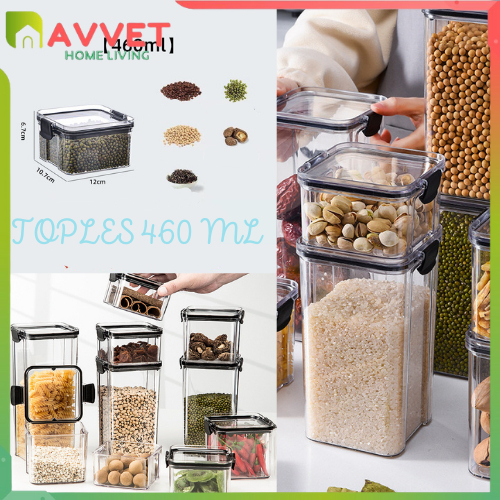 AVVET Toples Penyimpanan Cereal Kotak Bening Kedap Udara 460ML Kontainer Makanan Storage Jar Food Tempat Bumbu Wadah Snack  Storage Box Penyimpanan Bahan Makanan Murah Import