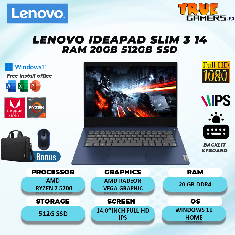 LAPTOP LENOVO IDEAPAD SLIM 3 14 RYZEN 7 5700 20GB 512SSD VEGA8 W11 14.0FHD IPS