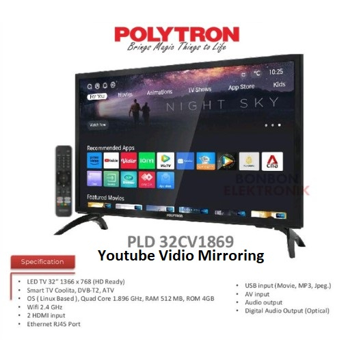 Polytron LED Smart TV 32&quot; Youtube Mirroring Vidio PLD 32CV1869 Digital