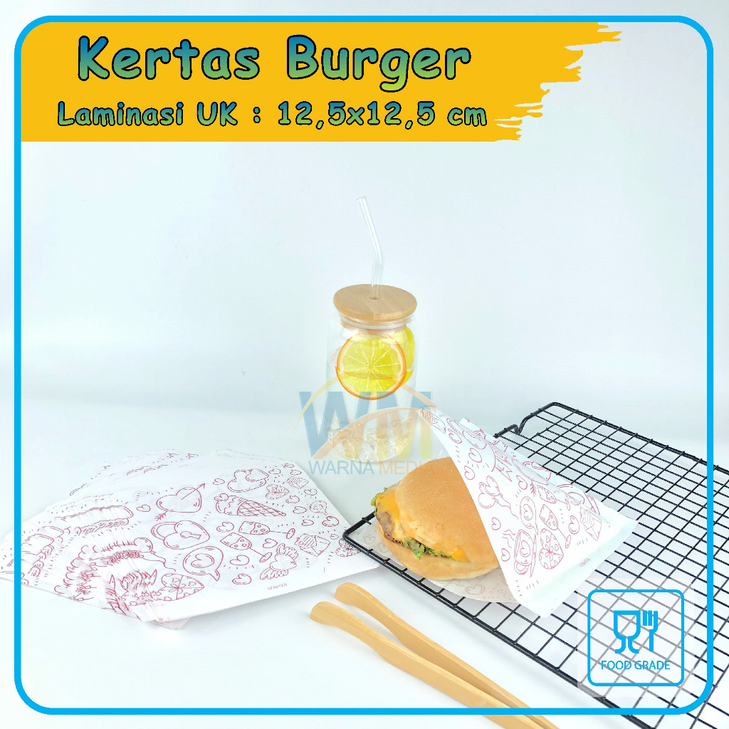 Kertas Burger Laminasi / Burger Wrap 15x15 / Burger Paper Motif / Kertas Burger Motif / Kantong Burger Food Grade