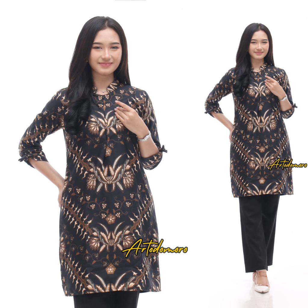 Artodomoro Tunik Batik Wanita Lengan Serut Motif Keris Hitam