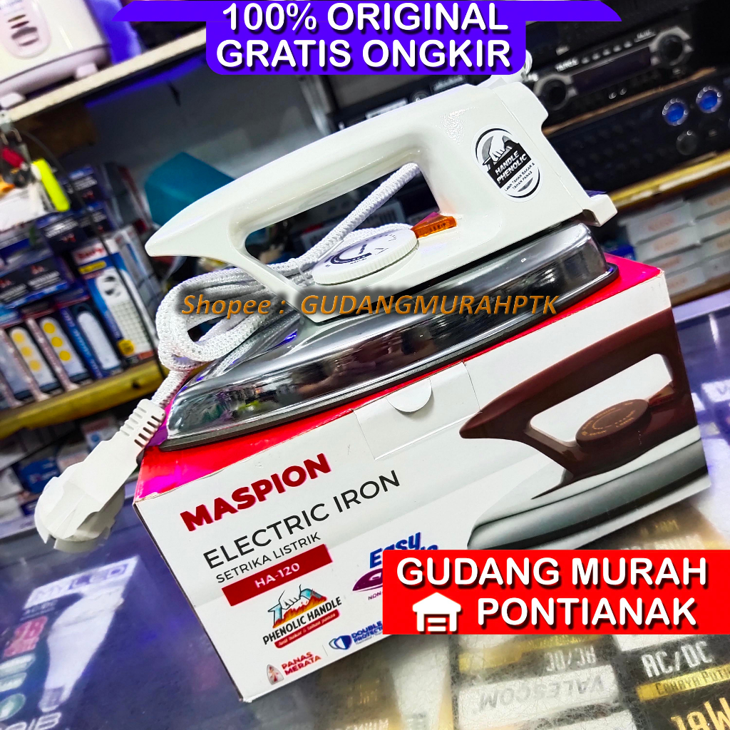 Setrika Maspion HANDLE PHENOLIC LEBIH TAHAN BAKAR Dan TAHAN PANAS EASY GLIDE HA-120 HA120 Anti Lengket