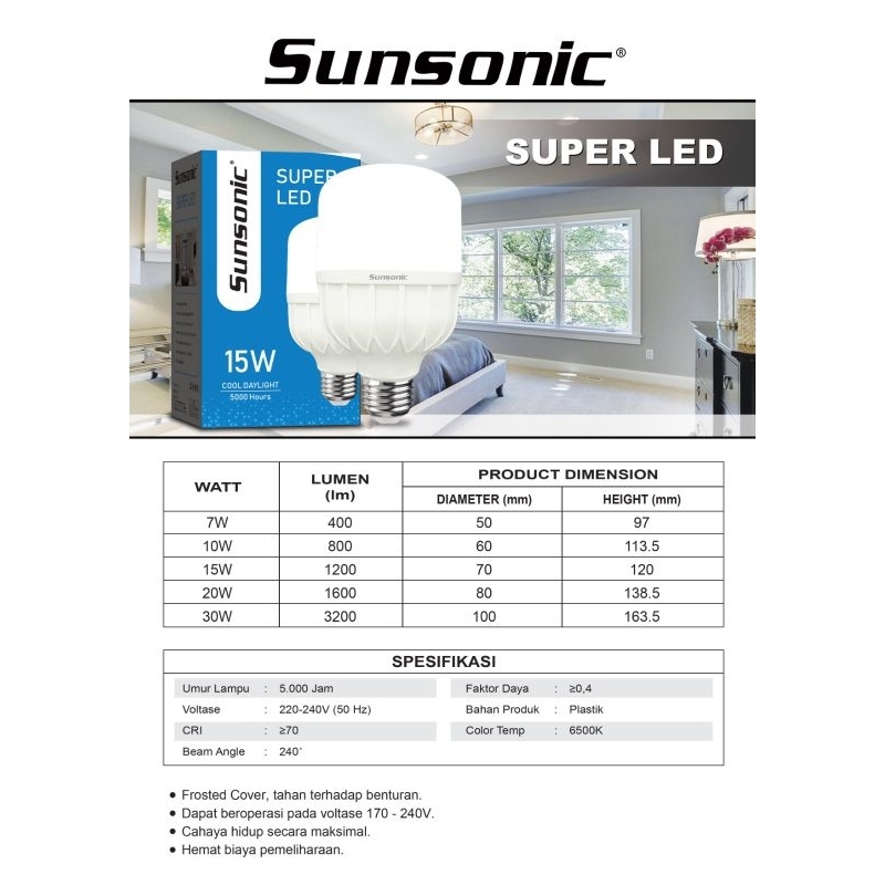 30W Super Led Sunsonic 30watt Bohlam Lampu Putih Terang Hemat Listrik