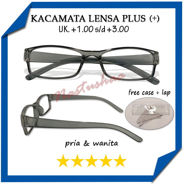 Kacamata Baca Lensa Plus Uk. +1.00 s/d + 3.00 Kaca Mata Pria Wanita Rabun Dekat Bingkai Abu-Abu Reading Glasses Free Tempat Kacamata Mika dan Lap