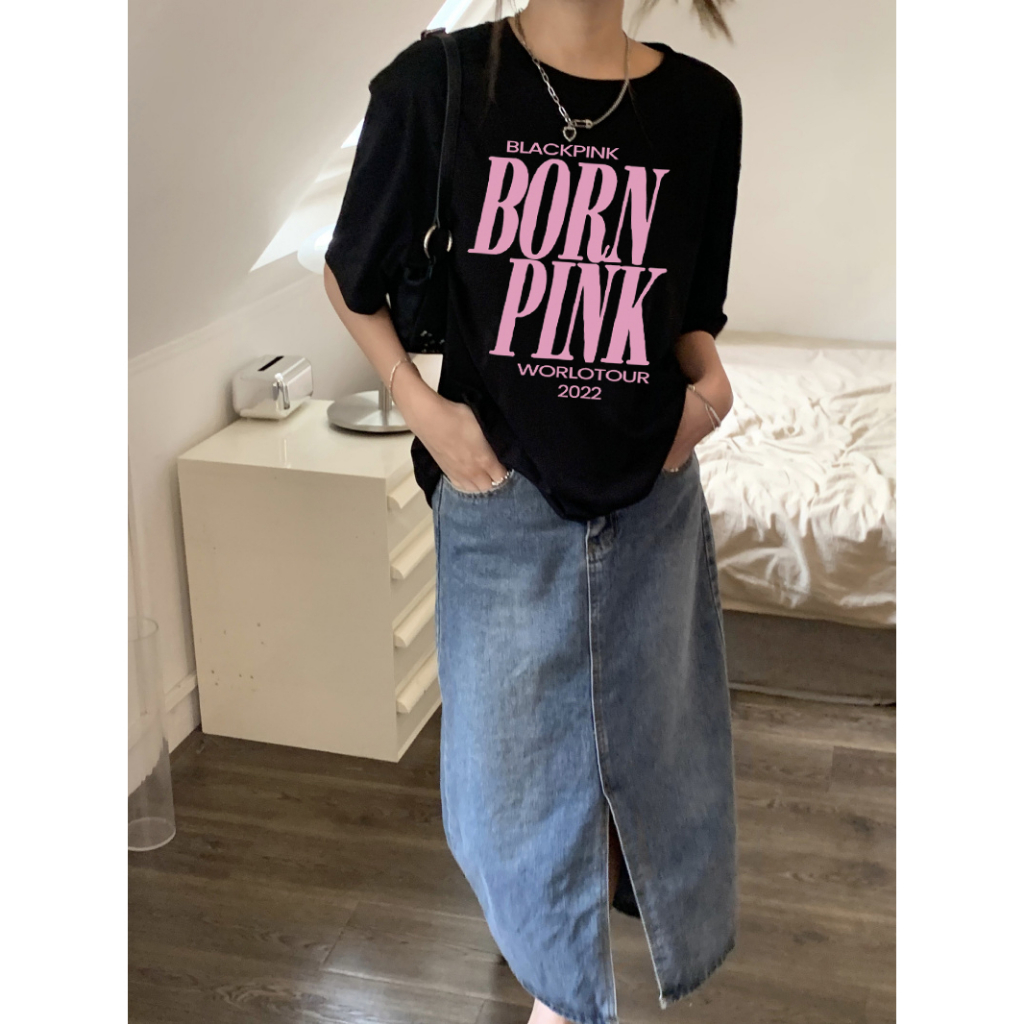 EUNII T-shirt Lengan Pendek Retro BlackPink Korean Style/Kaos Atasan Wanita/Baju Kaus Oversize Wanita/Kaos Wanita