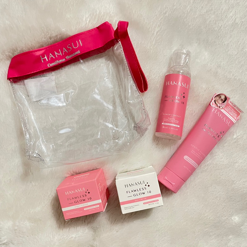 HANASUI FLAWLESS GLOW 10 SET 4IN1+POUCH. PAKET HANASUI FLAWLESS 10 (PINK) (ESSENCE+DAY+NIGHT+GENTLE 
