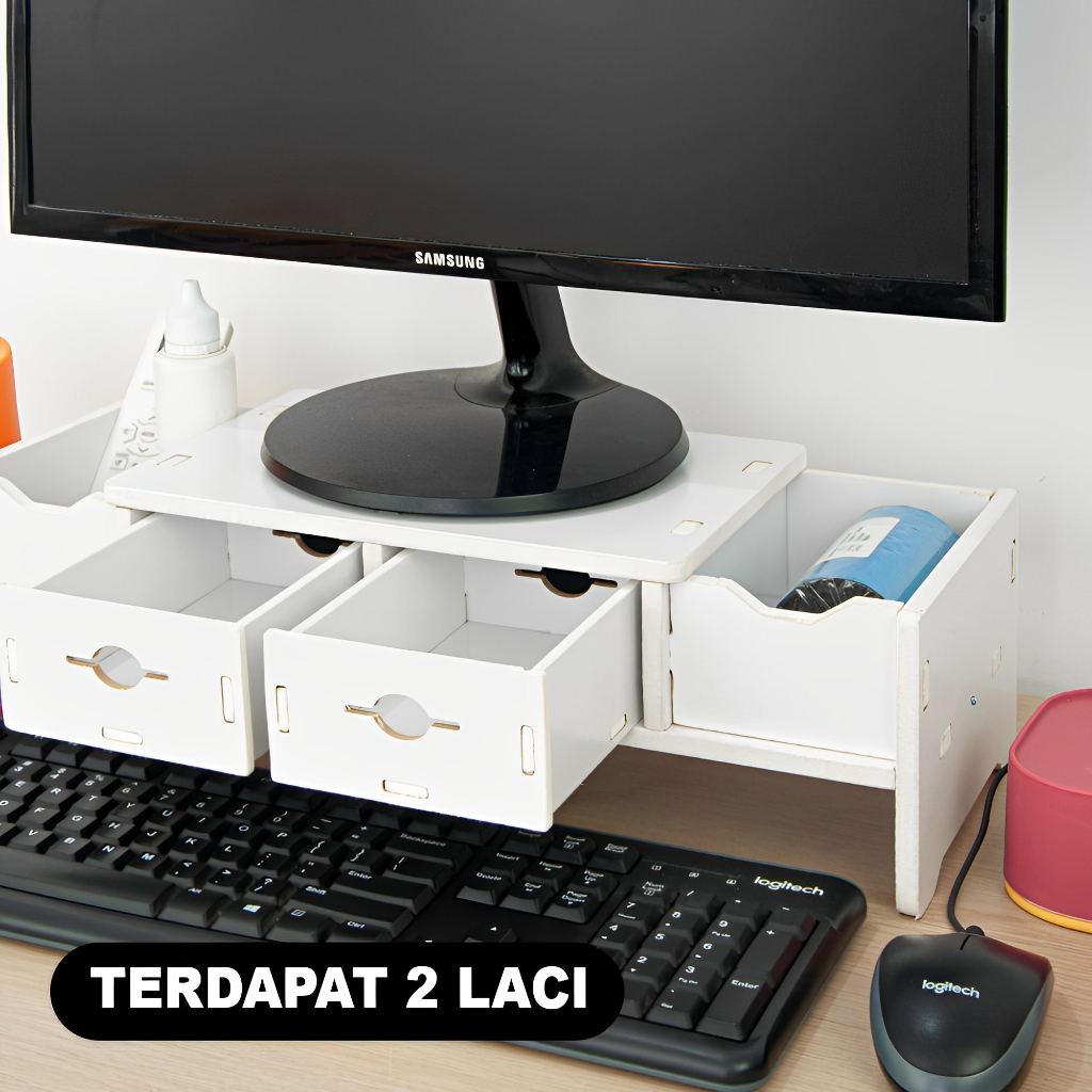 Rak Meja Stand Tatakan Monitor Komputer Serbaguna 2  Laci Desktop Storage Organizer MDF - LC082