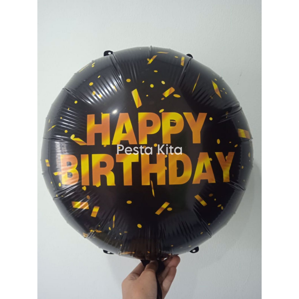 Balon Bulat Happy Birthday Hitam / Foil Bulat Happy Birthday Hitam Gold