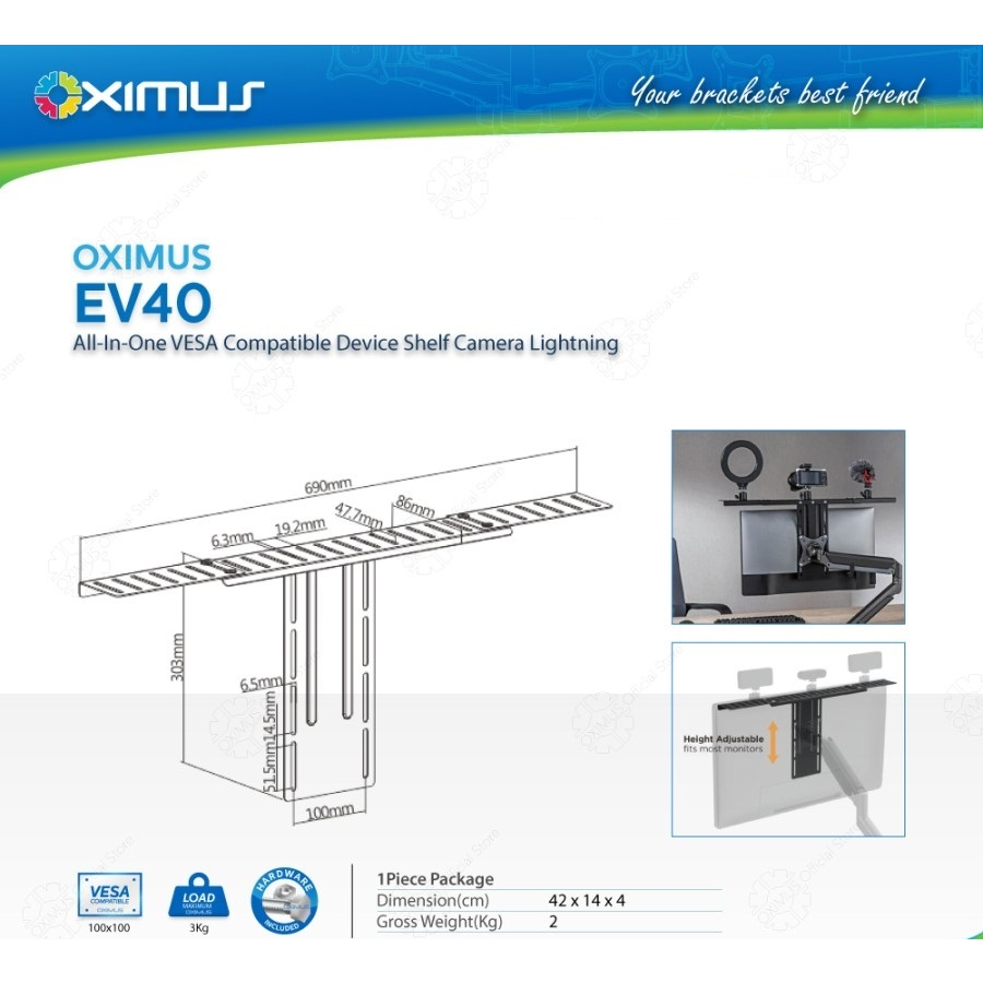 OXIMUS EV40 All-In-One VESA Compatible Device Shelf Camera Lightning