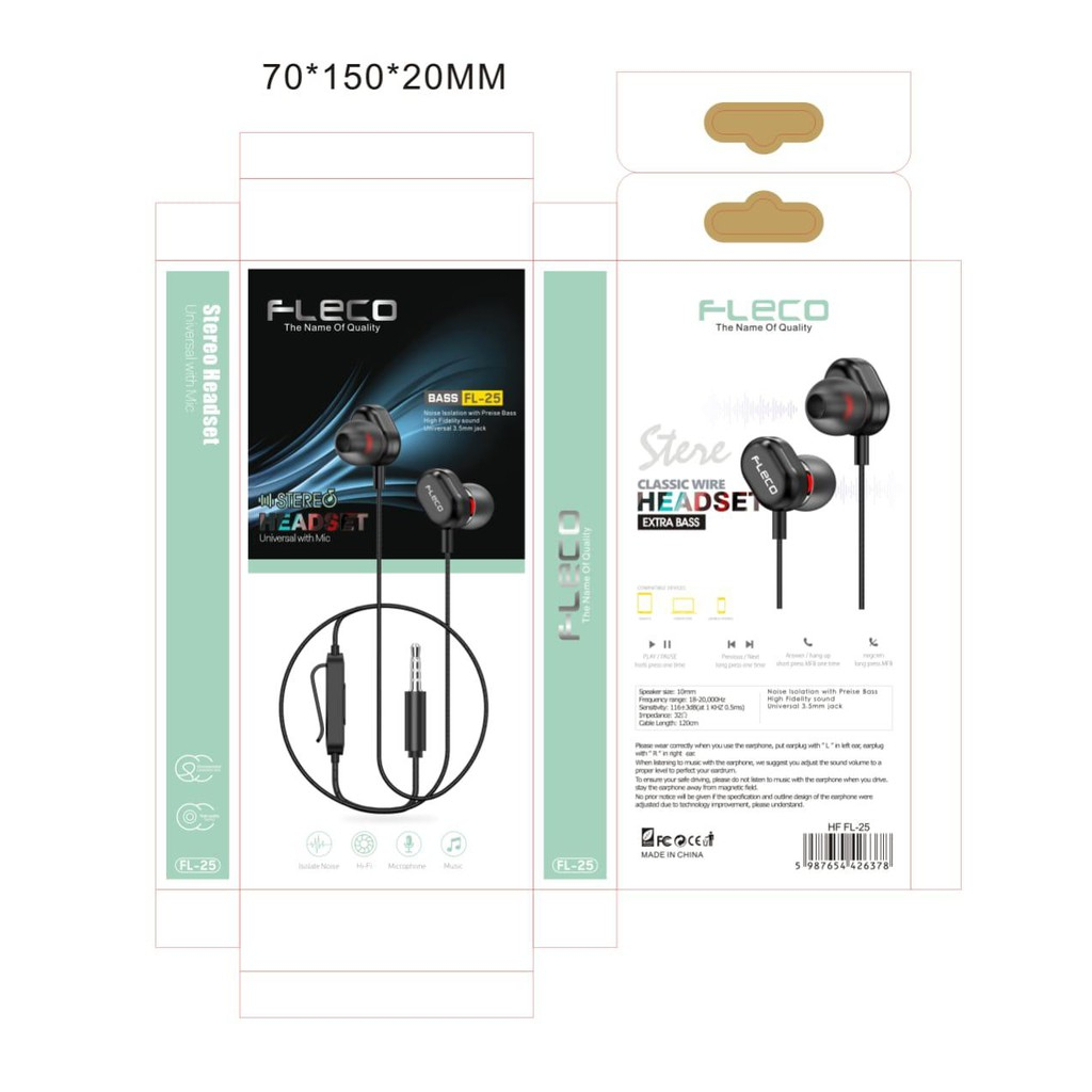 new~Headset FLECO FL-25 STEREO BASS Handsfree FLECO FL25 BASS Earphone FLECO Universal With Mic BY SMOLL