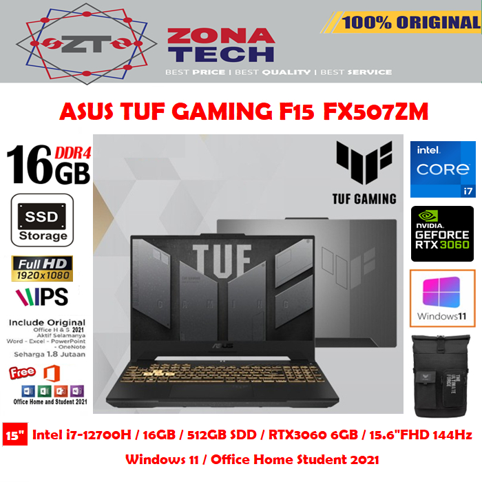 ASUS TUF GAMING F15 FX507ZM - i7-12700H - 16GB - 512GB SSD - RTX3060 6GB - 15.6&quot;FHD IPS 144Hz - WIN11 - OHS