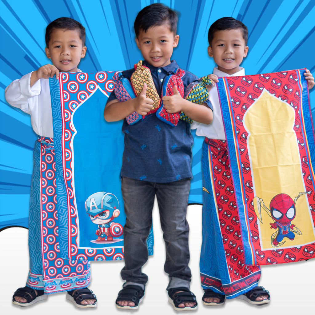 Sarung instan set sajadah anak karakter/Sarung Anak Instan Karakter Unik - Spiderman &amp; Captain America - Sarung Anak Bahan Katun-Sarung Anak Instan, Sarung Sunat, Sarung Anak Laki-Laki Motif Karakter Kartun Usia Maksimal 8thn