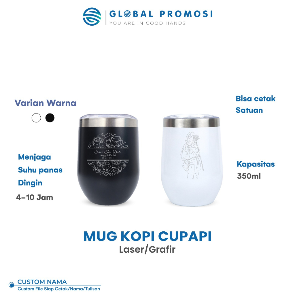Coffee Stainless Mug Cupapi PUTIH  Custom Gelas Kopi Laser Grafir Nama/Logo/Karakter Souvenir Corporate Satuan