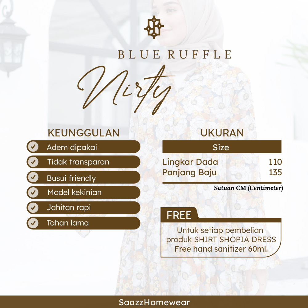 SAAZZ Nirty Blue Ruffle Gamis Bunga Bunga Baju Muslim Wanita Kekinian Terbaru Terlaris-3