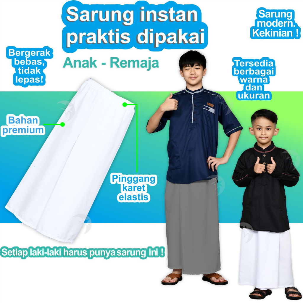 Sarung anak laki laki instan santri putra pria cowok kain polos hitam putih warna sholat kecil tk sd