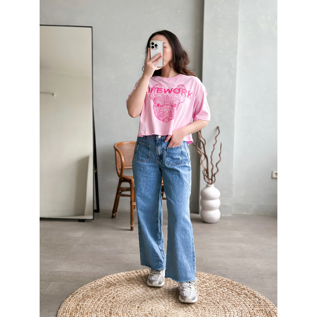 INFINITEE Kaos Croptop Wanita Lengan Pendek Warna Pink