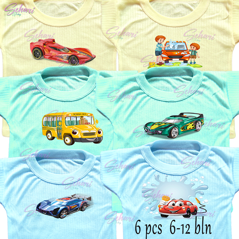 6 pcs kaos oblong bayi 6-12 bulan dengan motif mobil