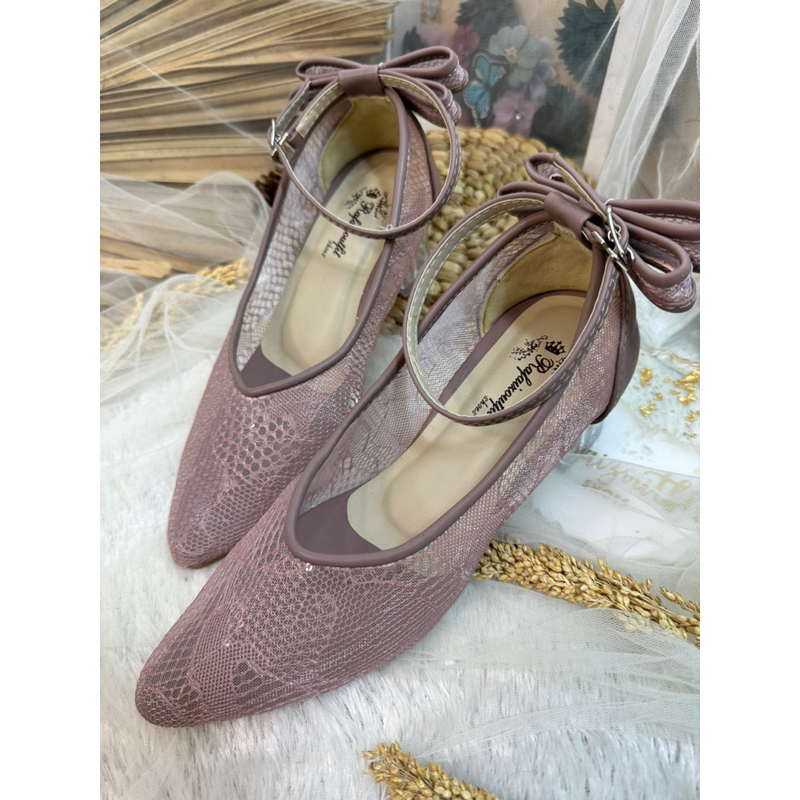 sepatu wanita Vilea mauve pita 5cm kaca