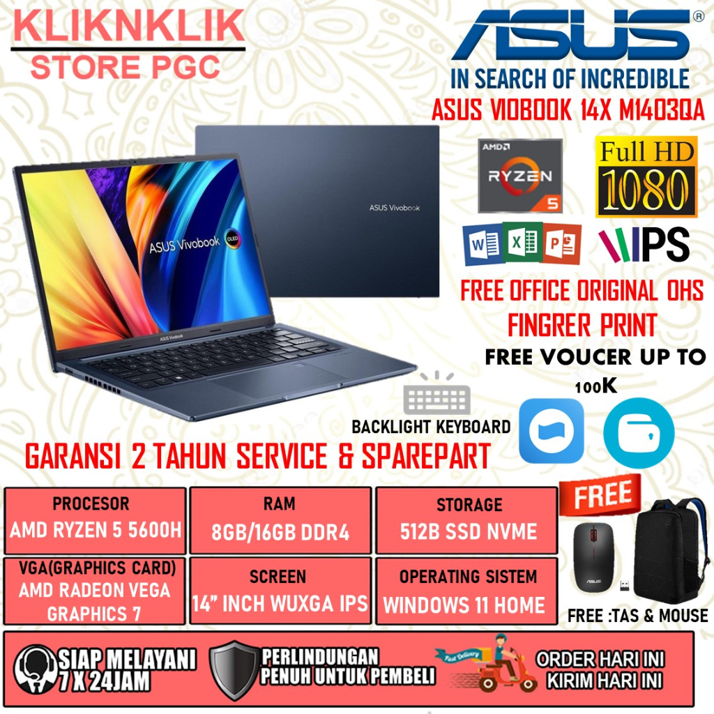 Laptop Asus Vivobook 14X M1403QA Amd Ryzen 5 5600H Ra 8GB 16GB 512GB SSD WUXGA IPS Backlight Keyboard Windows 11 Home Blue