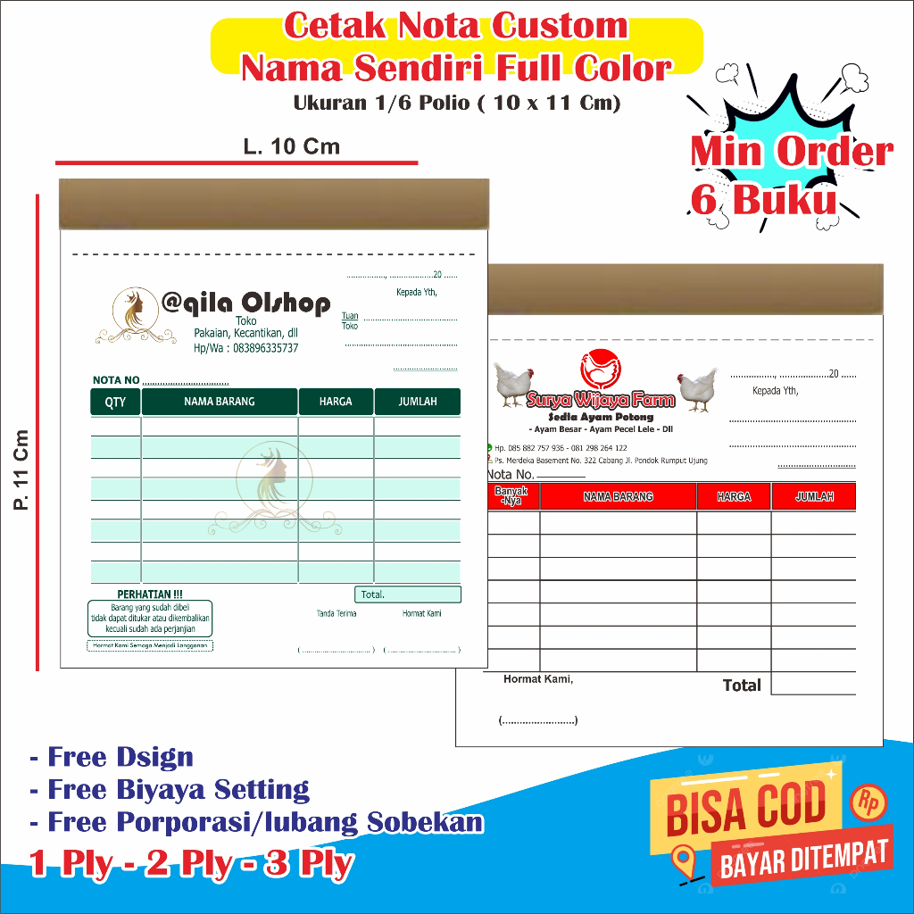 

Cetak nota Custom nama toko sendiri full color ukuran 10 x 11 Cm 1/6 polio 1 ply 2 ply 3 Ply
