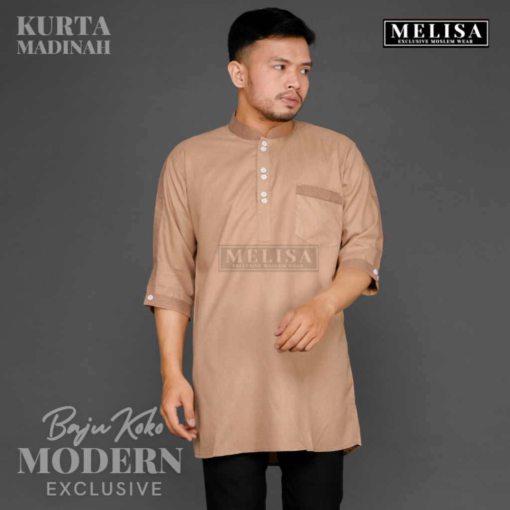 Baju Koko Pria Kurta Lengan Pendek 3/4 Bahan Katun Madinah Warna Hijau Sage Size M L XL