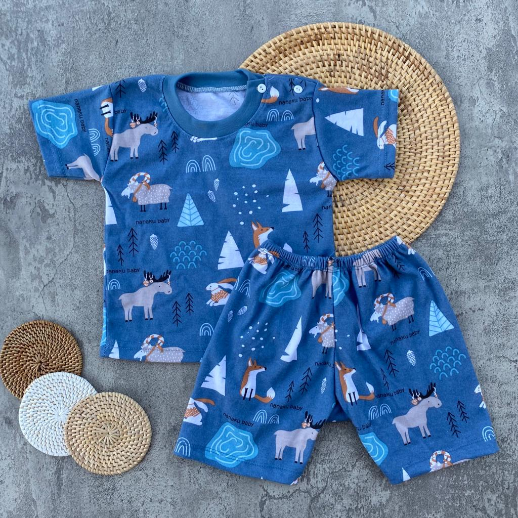 Setelan Baju Bayi Piyama Bayi Lengan Pendek Kancing Pundak Motif Rubah Usia 3-12 Bulan Anababy