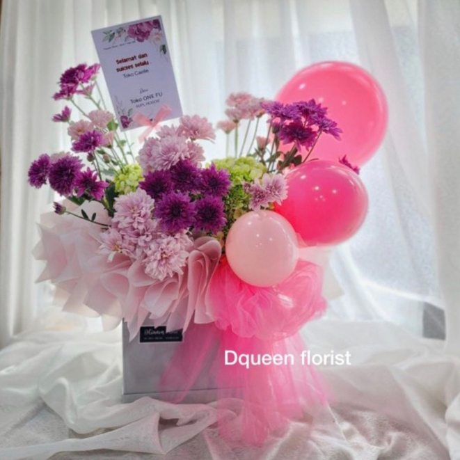 DQueen Florist Bunga Box Fresh Gift ulang Tahun Birthday Flower Box Custom Bunga Buket Bucket Bulat Kotak Hantaran Ulang Tahun
